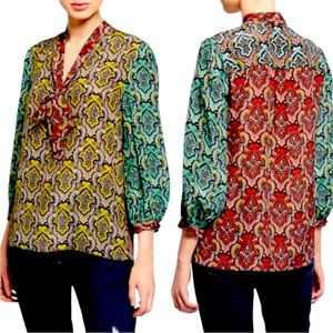 ALICE + OLIVIA “Sheila” Red Yellow Green Paisley Tie Neck Bow Blouse Top